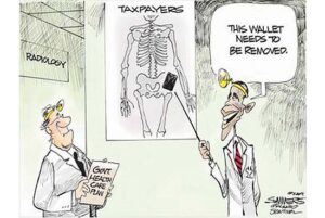 Để Obamacare thực hiện được, người Mỹ sẽ phải đóng thuế nhiều hơn. Trong hí họa này, bác sĩ X quang Obama nói với bác sĩ lâm sàng (đang cầm bệnh án “Kế hoạch bảo hiểm y tế của chính phủ” của bệnh nhân “Người đóng thuế”): “Cần phải loại bỏ cái ví này đi”.