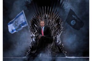 Tổng thống Erdogan trong một bức ảnh chế, một bên cờ Israel, một bên cờ ISIS. Hình từ trang này