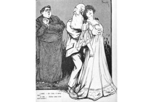 Một hí họa chính trị vẽ vua Leopold và cô bồ 16 tuổi Caroline Lacroix. Ông này có nhiều phi. Vào năm 1899, ở tuổi 65, Leopold gặp cô gái điếm người Pháp Caroline Lacroix, và hai người gắn bó với nhau cả chục năm trước khi ông qua đời. Hai người làm một lễ cưới bí mật 5 ngày trước đó. Sau đó vua Leopold để lại cho cô này bao nhiêu là tài sản! Trong tranh, vị tu viện trưởng hỏi vua: “Ở tuổi này của ông ư?” Vua đáp: “Ông cũng nên tự mình thử đi”.