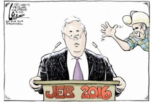 Jeb Bush, em trai cựu tổng thống George W. Bush phải gánh gia tài của ông anh khiến mới đây ông phát biểu “Sao không nhắc đến(thành tích) của cha tôi thời Chiến tranh lạnh mà chỉ nhắc đến anh tôi thời chiến tranh Iraq”. Hí họa từ trang này
