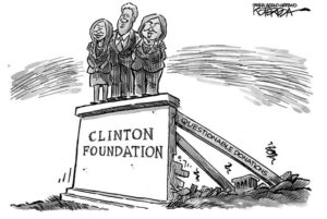 Hí họa của Jeff Koterba cho thấy quỹ Clinton với những cột chống là các khoản quyên góp đáng ngờ.
